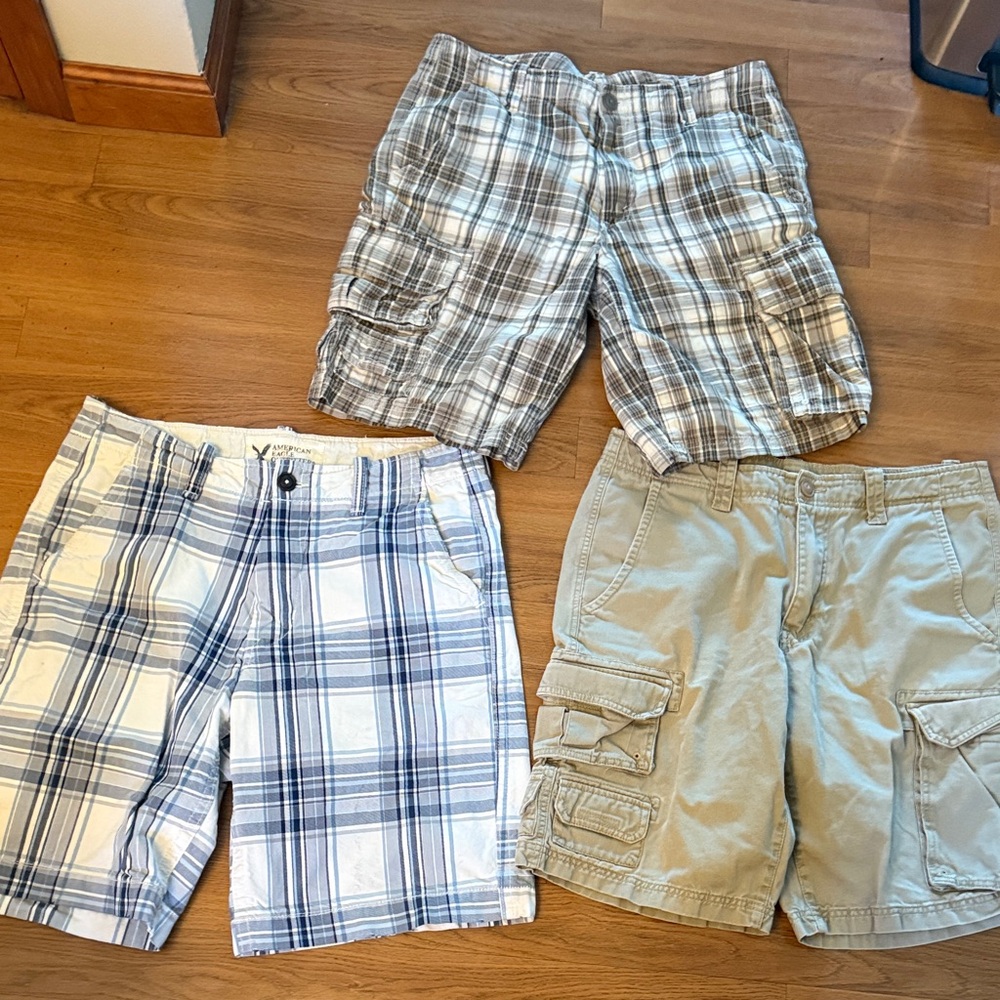 Eddie Bauer and American Eagle Blue Plaid Tan plaid and Tan Cargo Shorts $20 lot